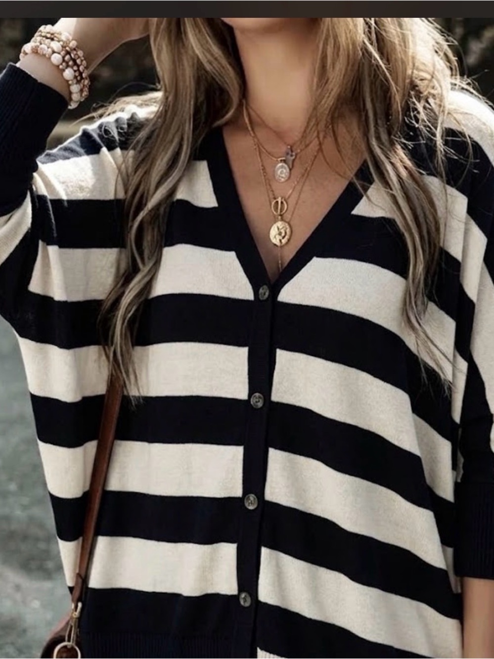 Michael Kors oversized Striped Black & White V-Neck Button Sweater